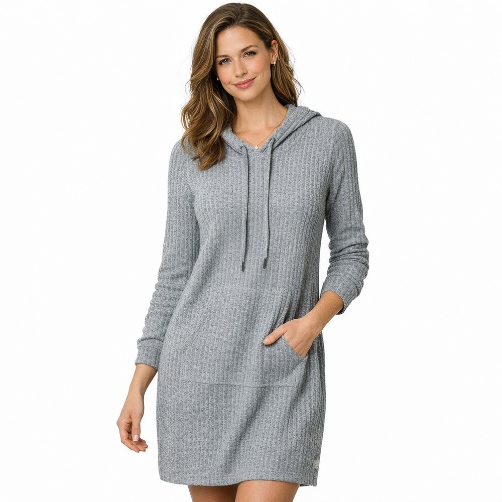 Jane & Delancey Hoodie Dress‎ Womens Medium Grey Ribbed Knit Long Sleeve Mini